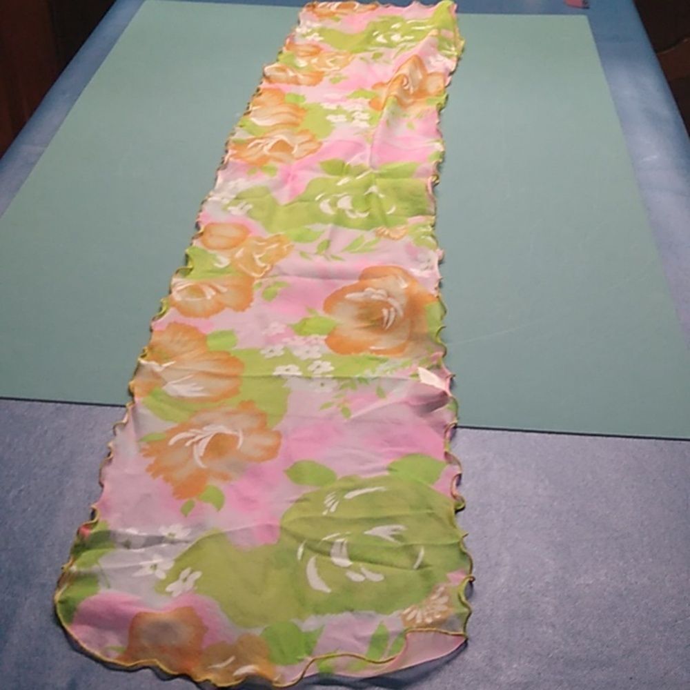 Vintage Floral Hot Pink Chiffon Scarf  Oblong Neck/ Hair Nylon Scalloped Edge
